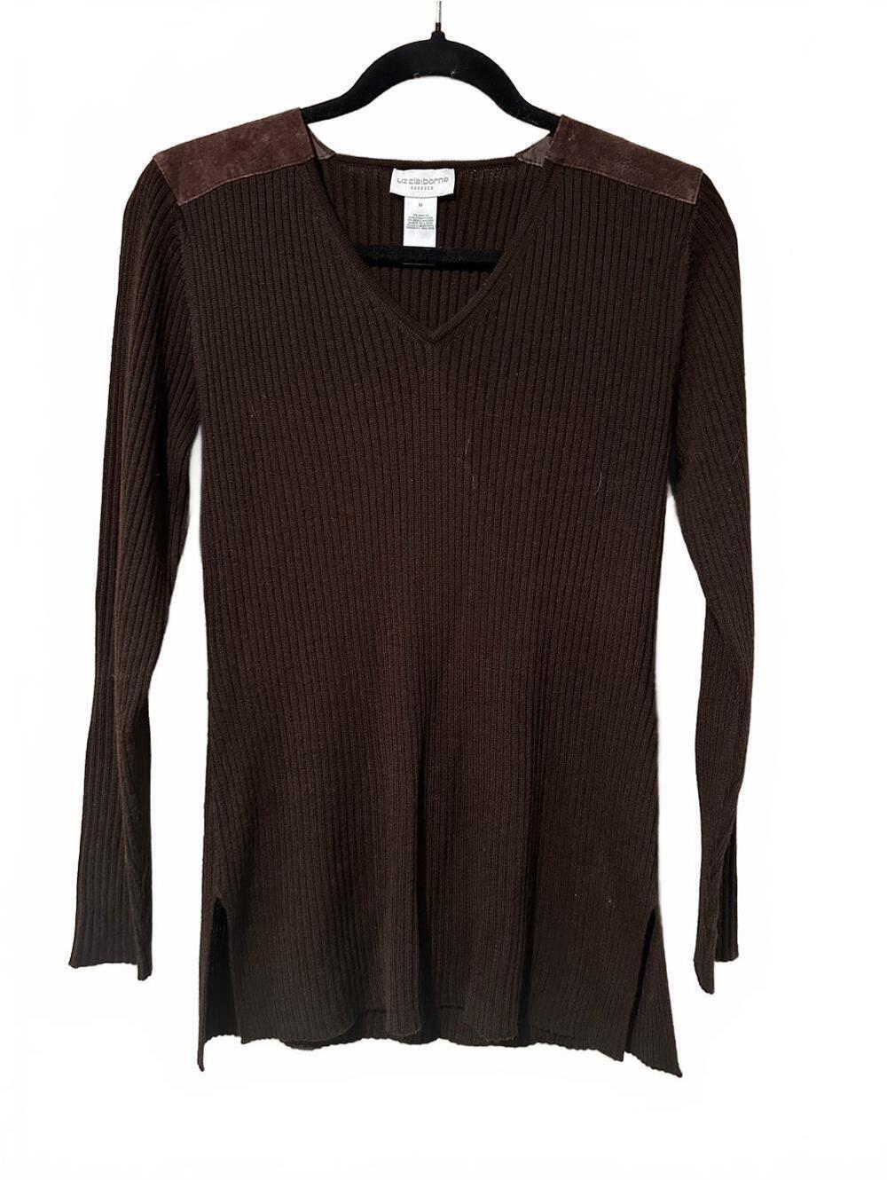 Liz Claiborne wool Brown Ribbed V-Neck Long Sleeve Sweater with suede shoulders